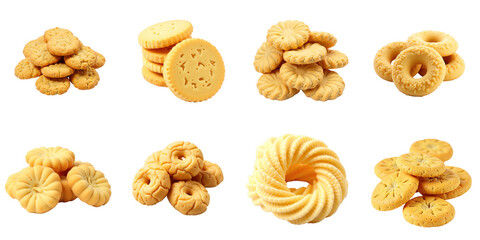 Assorted Butter Cookies on a transparent Background featuring Different Shapes and Textures...