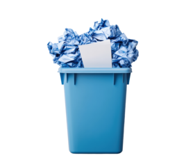Crumpled paper waste in blue recycling bin for eco-friendly disposal on a transparent background, cut out