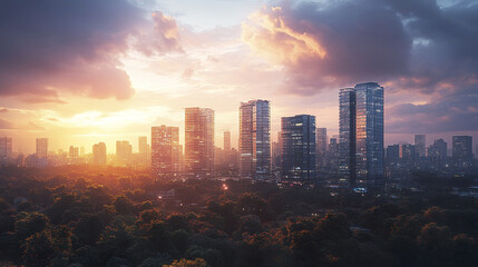 Fototapeta premium stunning view of modern cityscape at sunset, showcasing tall buildings and vibrant colors