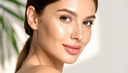 Naklejka premium Radiant Beauty: A captivating close-up of a woman with flawless, glowing skin, showcasing natural beauty and a healthy complexion.