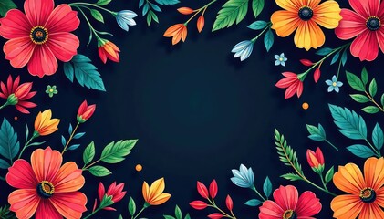 Obraz premium Bold, vibrant floral repeat pattern on dark backdrop, colorful, repeat, modern