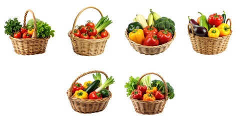 Fototapeta na wymiar Colorful Assortment of Fresh Vegetables in Woven Baskets Featuring Tomatoes, Bell Peppers, Broccoli, Zucchini, and More Against a transparent Background for DIY Projects