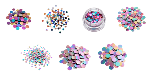 Collection of Colorful Round Glitter Circles on transparent Background Featuring Various Arrangements and Color Combinations in Clear Container and Loose Piles