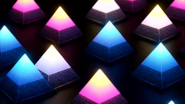 Luminous pyramids gleam in the dark casting colorful futuristic light