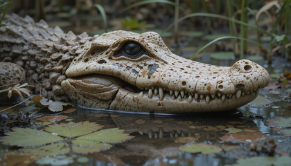 Obraz premium Alligator in the swamp: An Alligator lurks camouflaged in a swamp, its eyes fixed and alert amidst murky waters and lush aquatic plants.