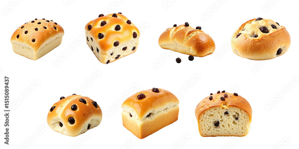 Poster variety of sweet bread rolls with chocolate chips displayed on a transparent background featuring di