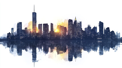 Fototapeta premium stunning silhouette of city skyline at sunset, reflecting beautifully on water