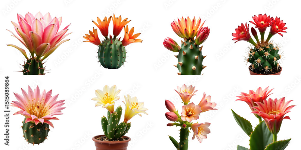 Poster colorful cactus and flower collection featuring eight distinct varieties on a transparent background