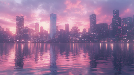 Fototapeta premium stunning skyline view of city at dusk, reflecting vibrant colors on water surface