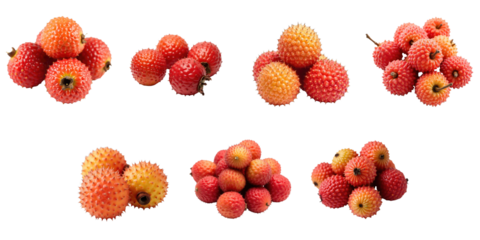 Array of vibrant, spiky lychee fruits showcasing rich shades of red and orange, placed against a striking transparent background, capturing their unique textures and colors in a stunning display.