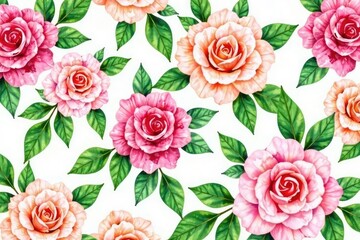 Fototapeta premium Delicate watercolor roses, lush green leaves, repeating pattern , repeat, watercolor, vine
