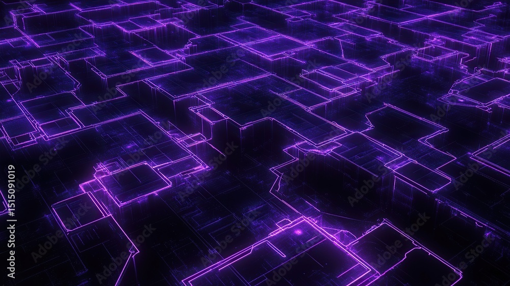 Poster a futuristic circuit grid glowing with diffused ultraviolet and sapphire energy lines