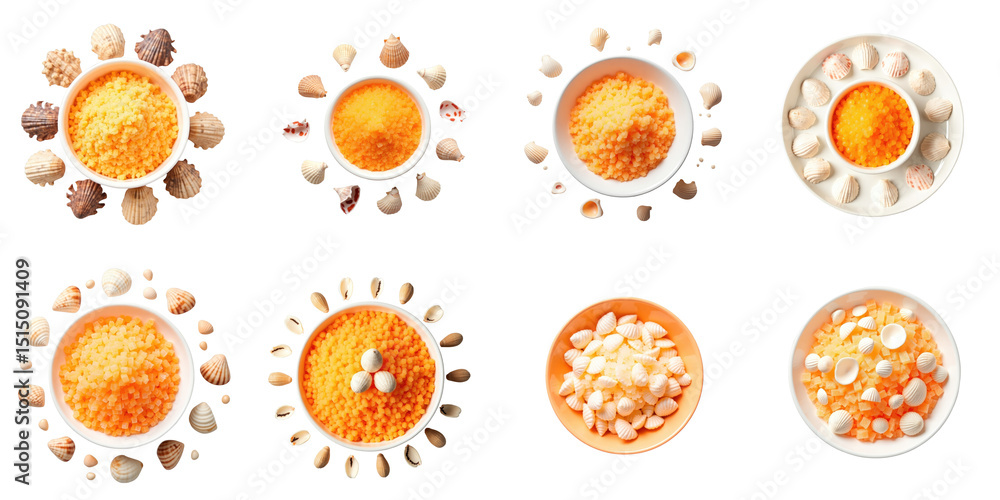 Poster colorful bowls of caviar surrounded by seashells on transparent background showcasing assorted arran