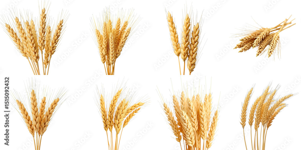 Poster collection of golden wheat stalks with different arrangements and textures set against a transparent
