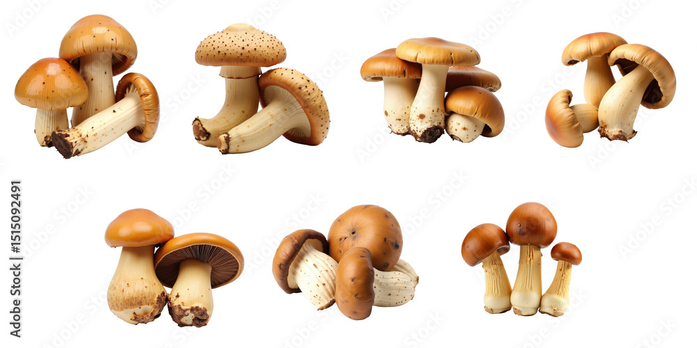 Poster various types of edible mushrooms on transparent background showcasing unique shapes and textures wi