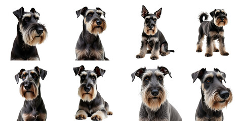 Collection of Schnauzer Dogs Featuring Various Poses and Expressions on a Dark Background Showcasing Their Distinctive Schnauzer Features and Characteristics