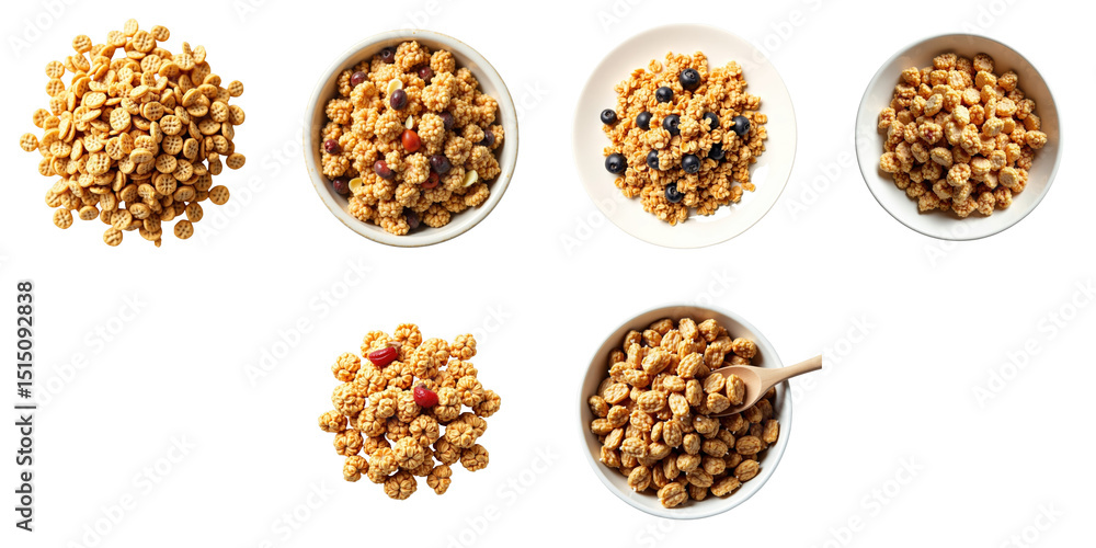 Poster assorted bowls of crunchy cereal displayed on a transparent background with varied ingredients inclu