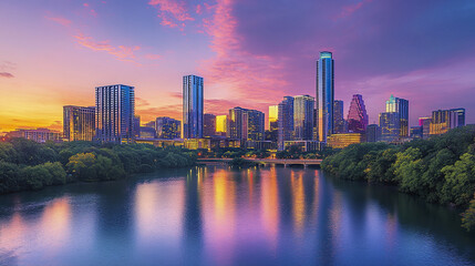 Fototapeta premium stunning skyline of modern skyscrapers reflecting on tranquil river at sunset
