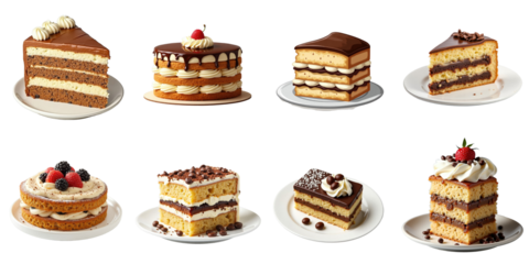 Decadent Variety of Slice Cakes Displayed on White Plates with Elegant Layering and Chocolate Frosting against a transparent Background