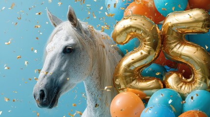 Weißes Pferd mit goldener 25 und Konfetti – Jubiläumsfeier in buntem Setting