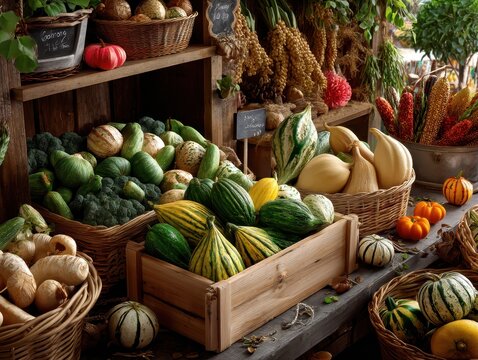 Vibrant rustic autumn harvest display with pumpkins and squash.