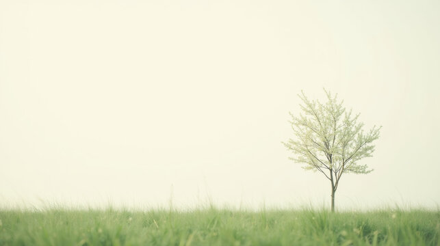 Solitary tree stands gracefully in vast green field, surrounded by soft grass under pale sky, evoking sense of tranquility and peace