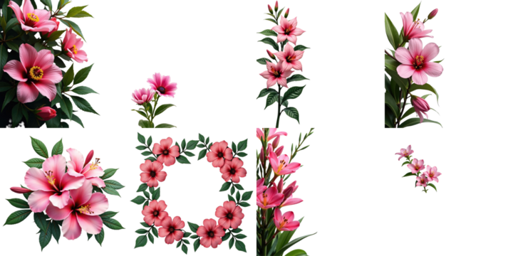 Vibrant Pink Floral Elements Collection Featuring Various Flower Arrangements and Greenery on a transparent Background Suitable for Digital Design and Decoration