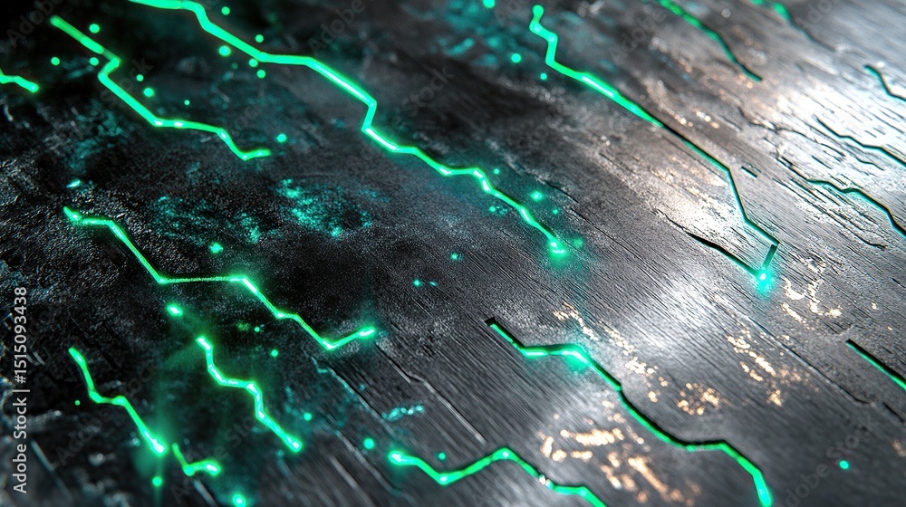 Poster a futuristic dark chrome surface etched with micro-level neon emerald circuit patterns