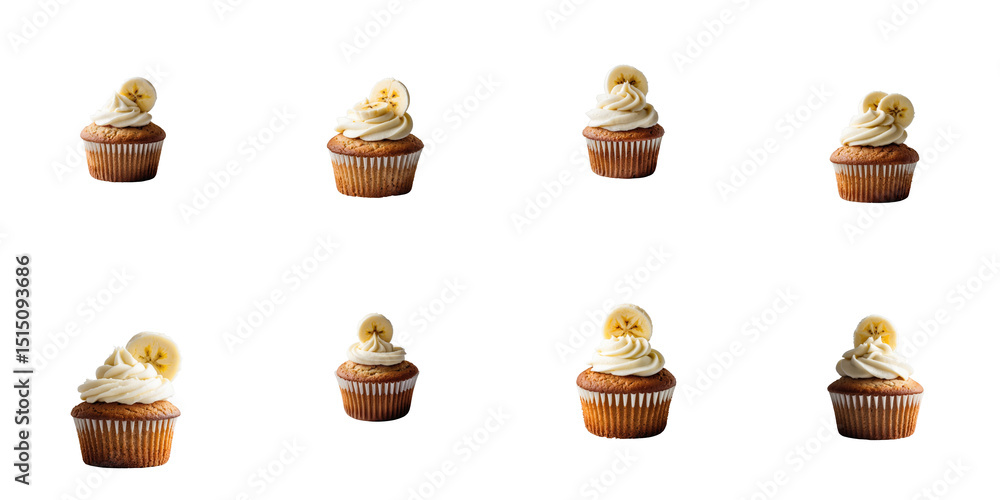 Poster delicious cupcakes with fluffy vanilla frosting and banana slices arranged in a grid on a transparen