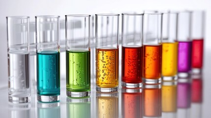 A row of colorful test tubes filled with different liquids, arranged in a neat row on a reflective surface.