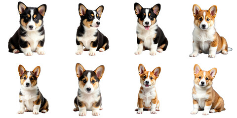 Fototapeta premium Adorable collection of nine corgi puppies with varied fur patterns and colors, displaying playful expressions against a transparent background, perfect for pet lovers and graphics.