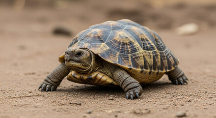 Obraz premium Close-up of a Geometric Tortoise Walking on Sandy Ground
