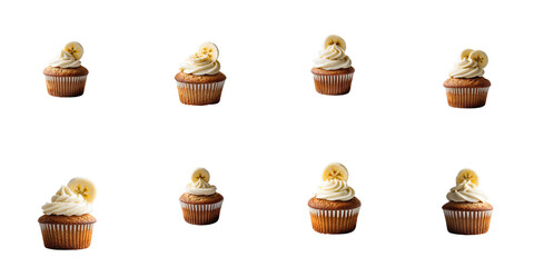 Delicious cupcakes with fluffy vanilla frosting and banana slices arranged in a grid on a transparent background, highlighting their appealing texture and design.