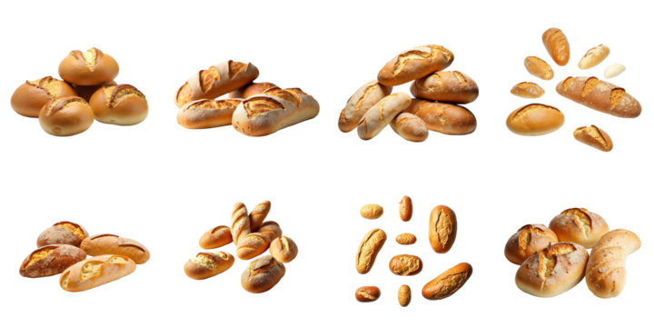 Assorted Fresh Breads Collection Featuring Various Shapes and Sizes of Bread Rolls with Golden Brown Crusts on a transparent Background Ideal for Culinary Designs and Bakery Displays