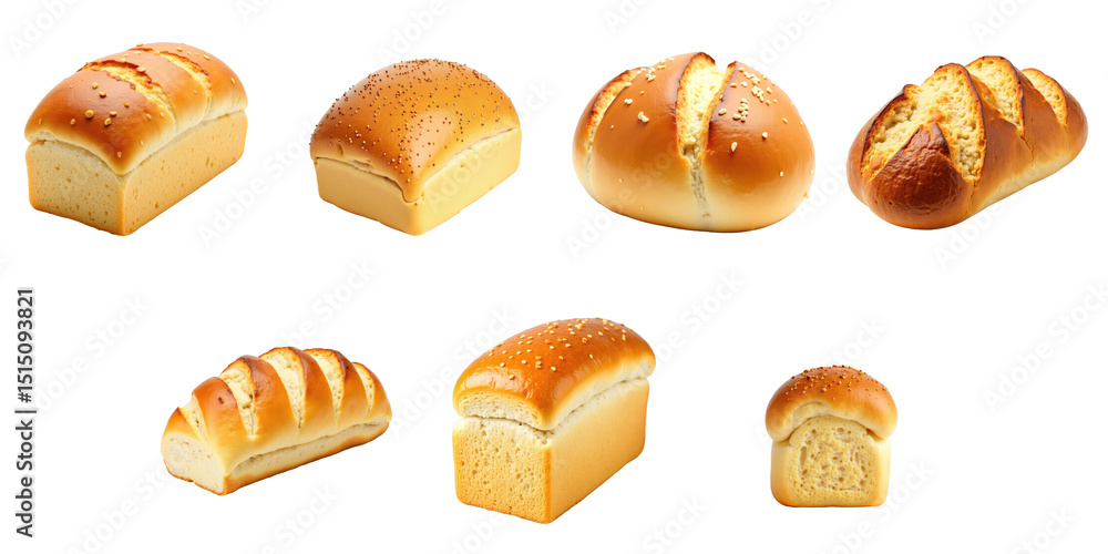 Poster collection of various bread loaves displayed on a transparent background including sliced and whole 