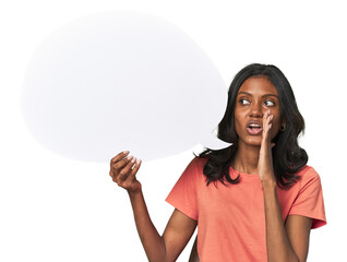 Indian woman with dialogue bubble is saying a secret hot braking news and looking aside