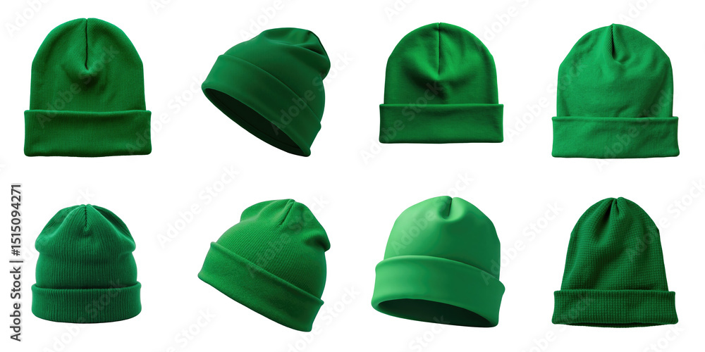 Aufkleber collection of green beanie hats featuring various styles and angles displayed on a transparent backg