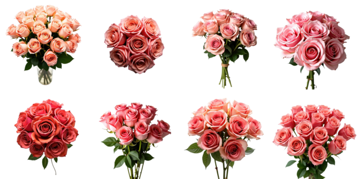 Variety of Rose Bouquets in Different Colors Arranged Elegantly on a transparent Background Featuring Pink and Coral Roses in Various Styles and Arrangements