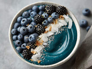 Deep blue spirulina smoothie bowl with fresh berries and coconut flakes