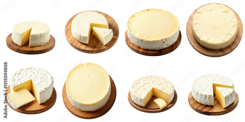 Poster assortment of cheese varieties displayed on wooden boards with slices cut out featuring different te