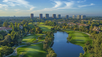 Aerial view of lush golf course with serene lake, surrounded by modern buildings and greenery