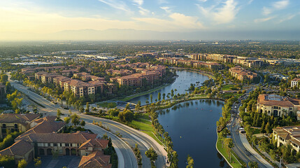Obraz premium Aerial view of serene urban landscape featuring lake, residential buildings, and lush greenery
