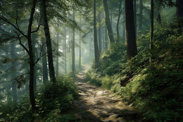 Fototapeta premium Misty Forest Trail: Natural Wilderness
