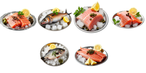 Assorted Seafood Platters with Fresh Salmon, Trout, and Whole Fish Garnished with Lemon and Herbs on Ice, Presented in Silver Plates Against a transparent Background
