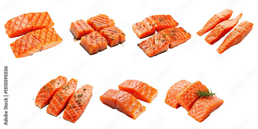 Aufkleber collection of fresh raw salmon cuts displayed on a transparent background featuring various fillets 