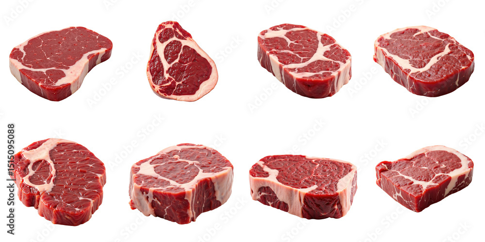 Poster assortment of raw meat cuts featuring ribeye and sirloin steaks displayed against a transparent back