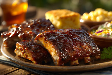 BBQ ribs glazed with hickory brown sugar sauce and southern sides