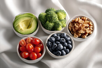 Bright top-down flat lay of healthy anti-aging foods