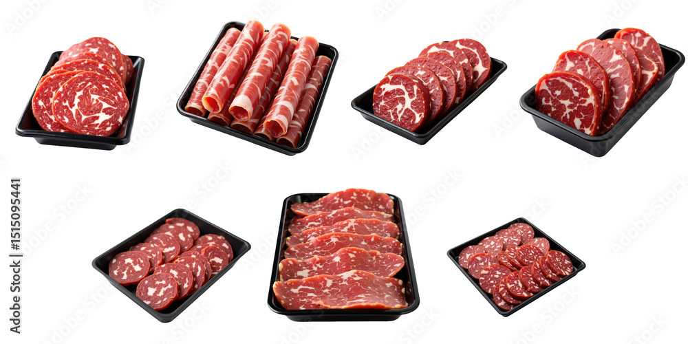 Poster assorted meat cuts on transparent background featuring various slices of beef including marbled cuts