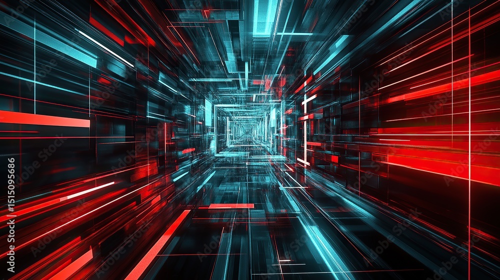 Aufkleber a geometric circuit structure illuminated deep red and aqua against a complex polished metal frame